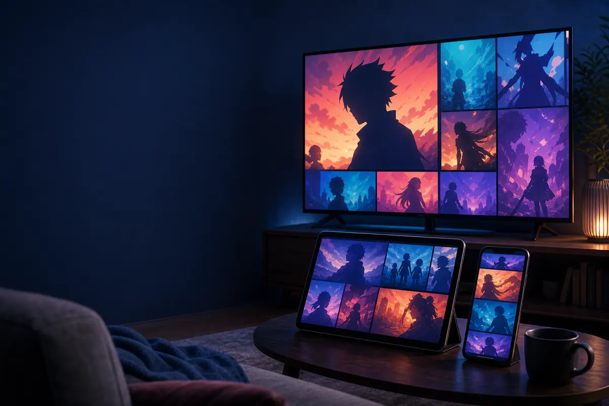 Editorial illustration of anime discovery across a TV, tablet and phone