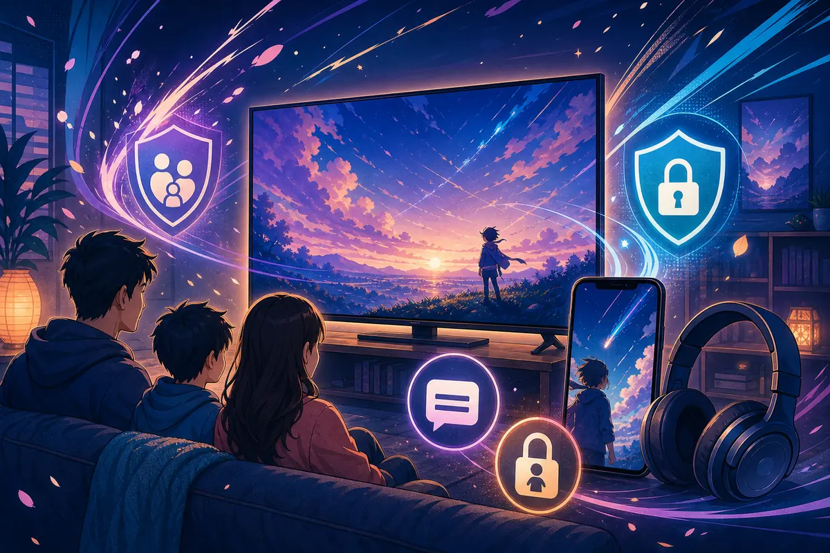 Editorial illustration of safe anime viewing with privacy and family controls