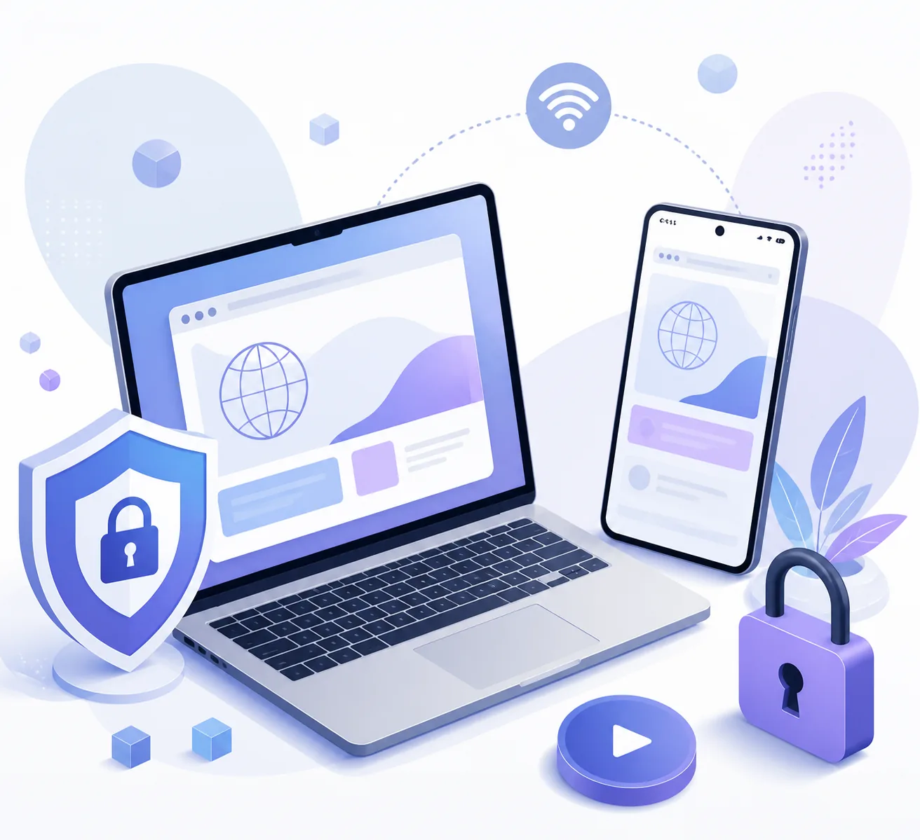 Editorial illustration of a laptop and Android phone with a browser shield, lock, and media symbol