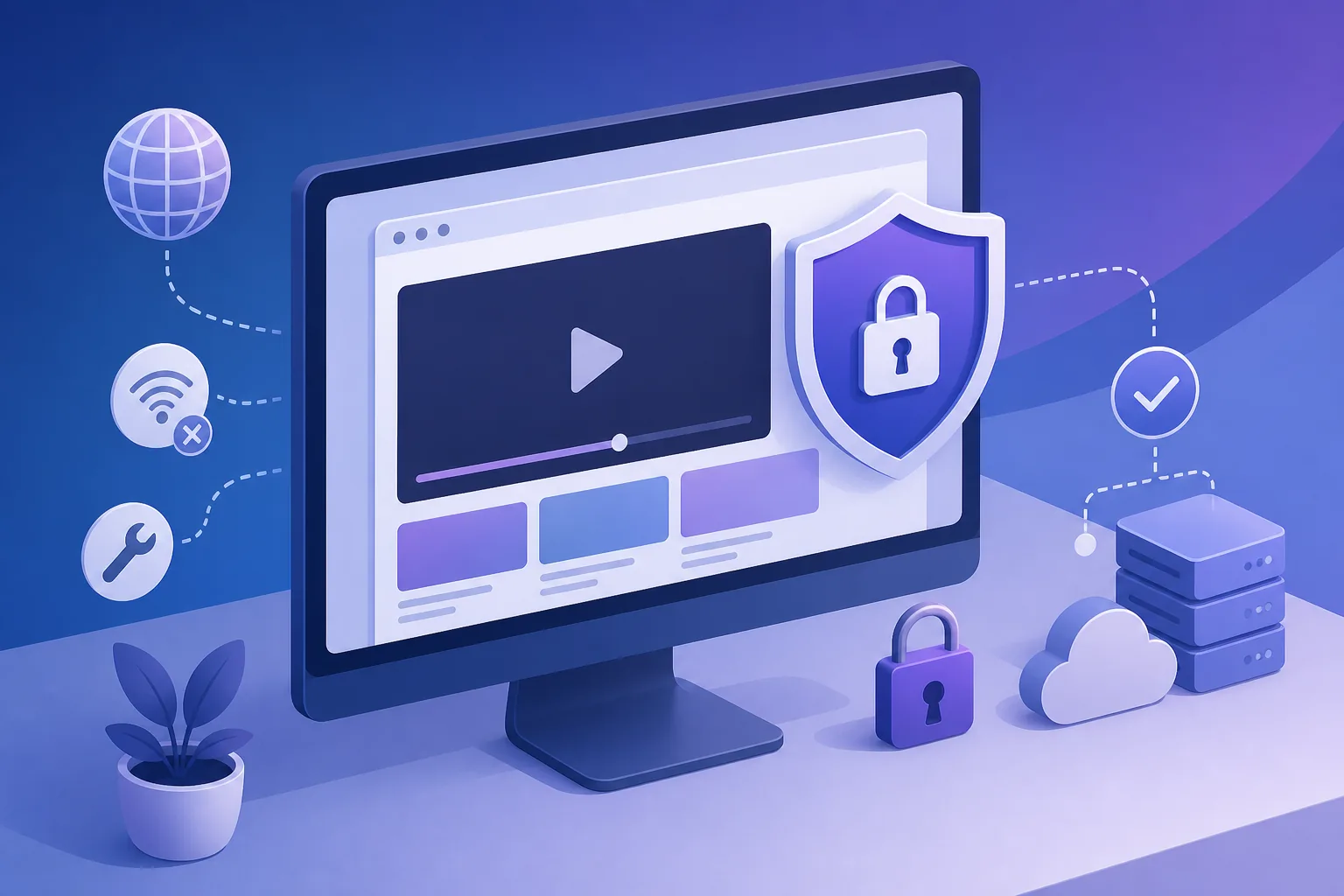 Editorial illustration of a privacy shield beside a browser video window and a lock