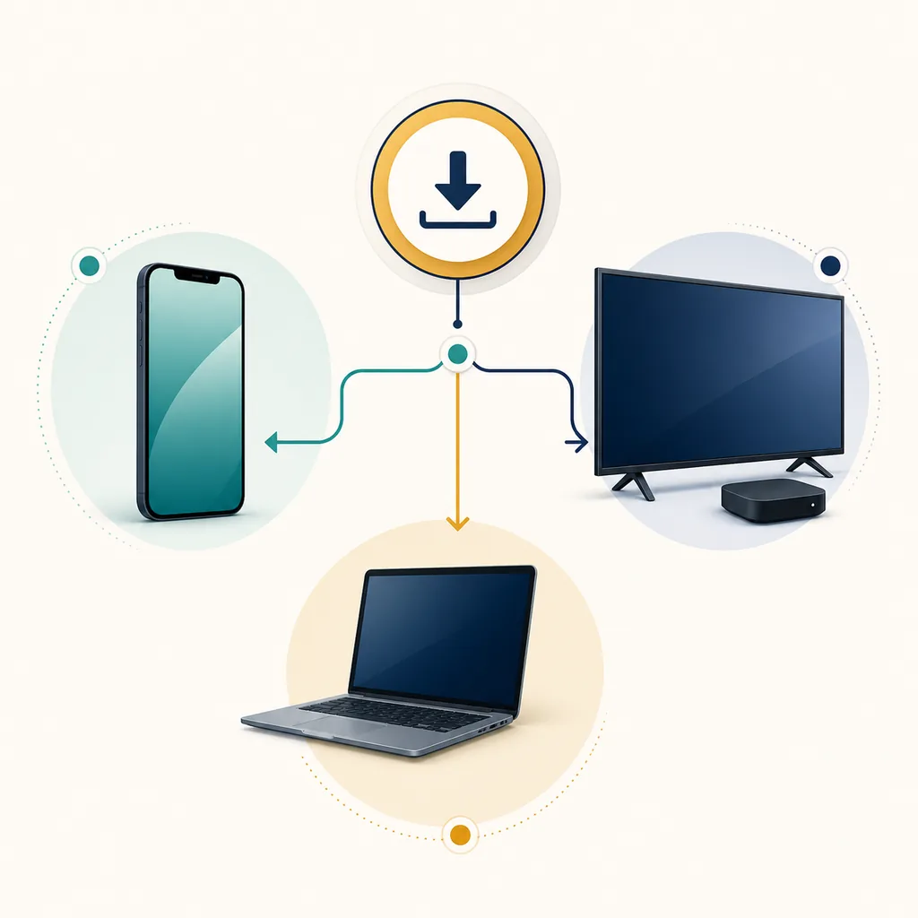Editorial device map showing phone, television, and laptop installation paths