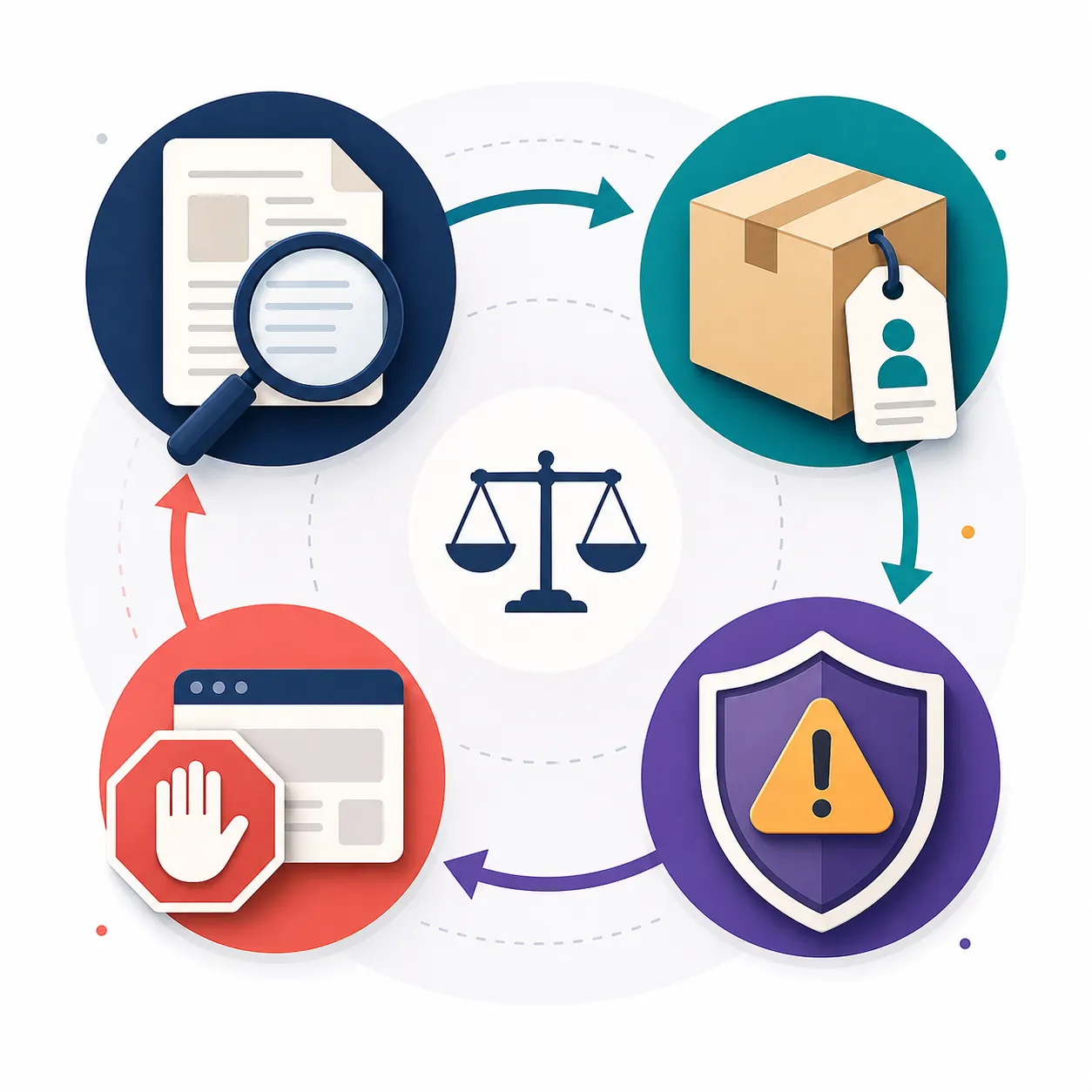 Editorial checklist illustration showing inspect, compare, warn, and stop stages