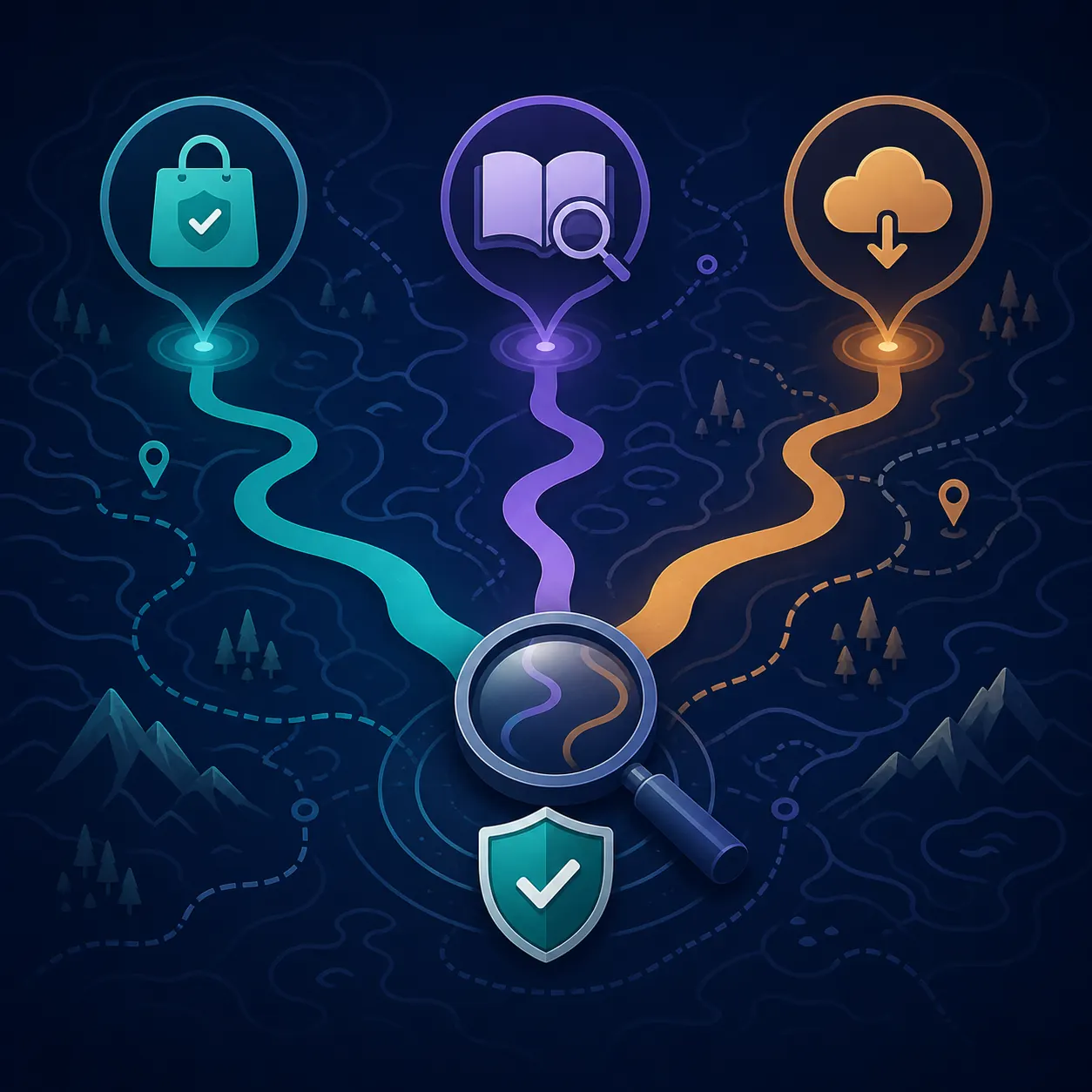 Editorial source map showing verified app sources, an independent guide, and an unknown mirror