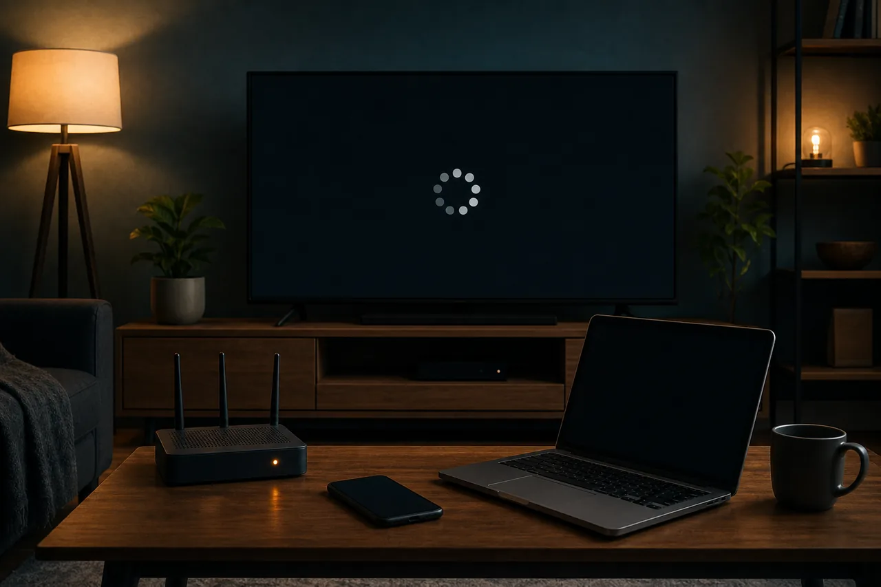 Televisore in caricamento accanto a router, telefono e portatile