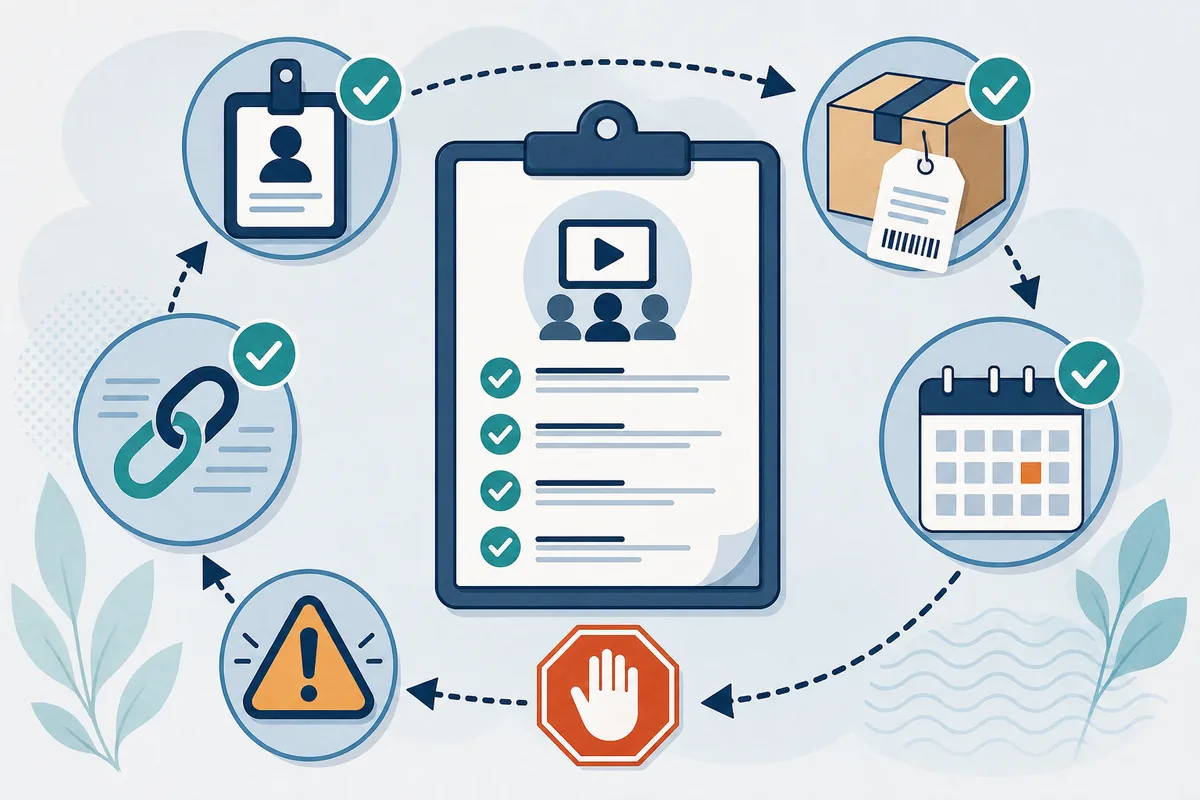 Editorial checklist illustration for matching identity, source, package, date, and warning signals before trusting a Streamex review