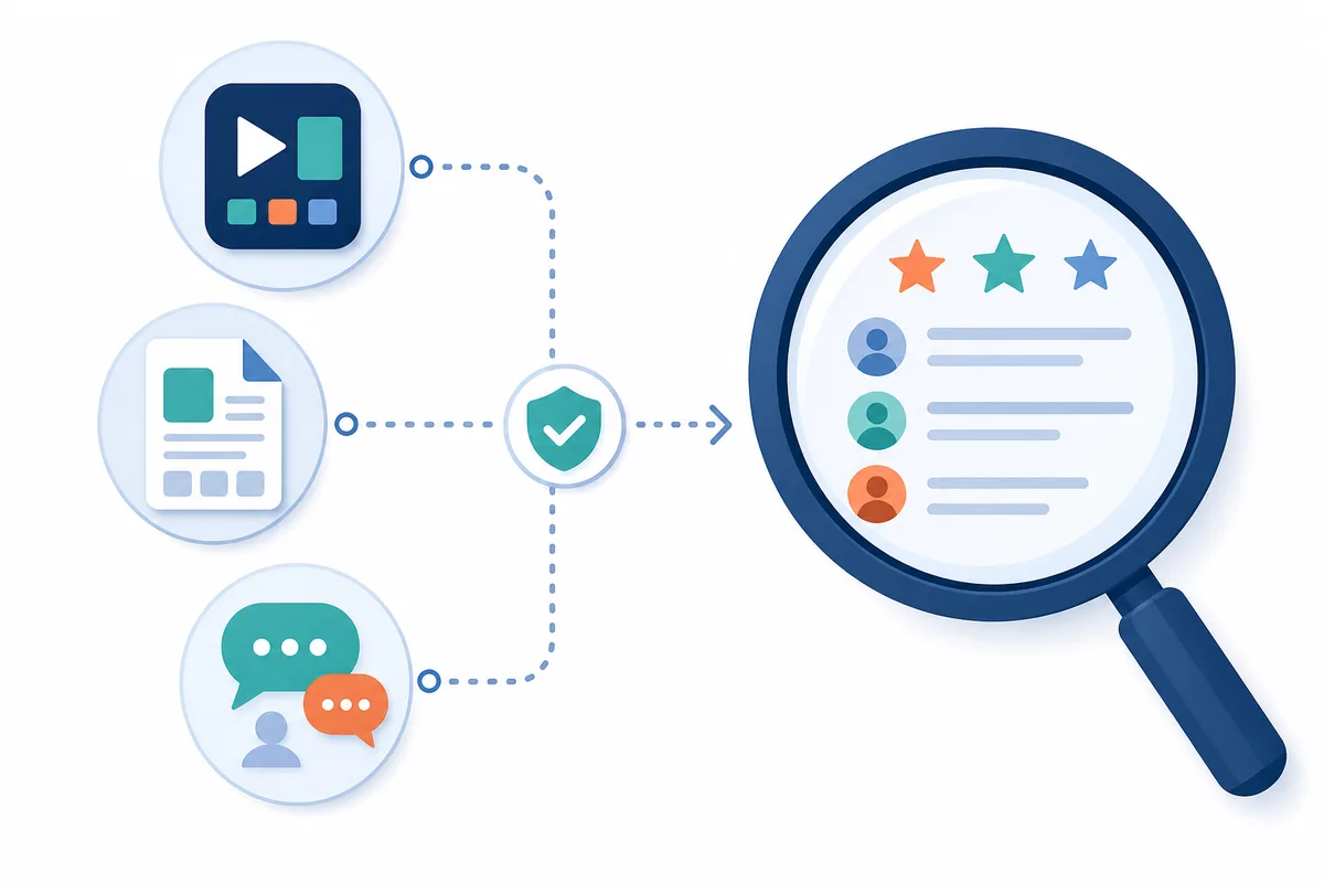 Editorial illustration comparing an app source, a store document, and community comments before reviewing Streamex evidence
