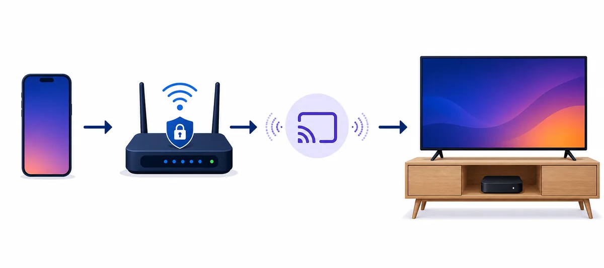 Four-stage illustration of a phone connecting through secure Wi-Fi and screen mirroring to a Roku television