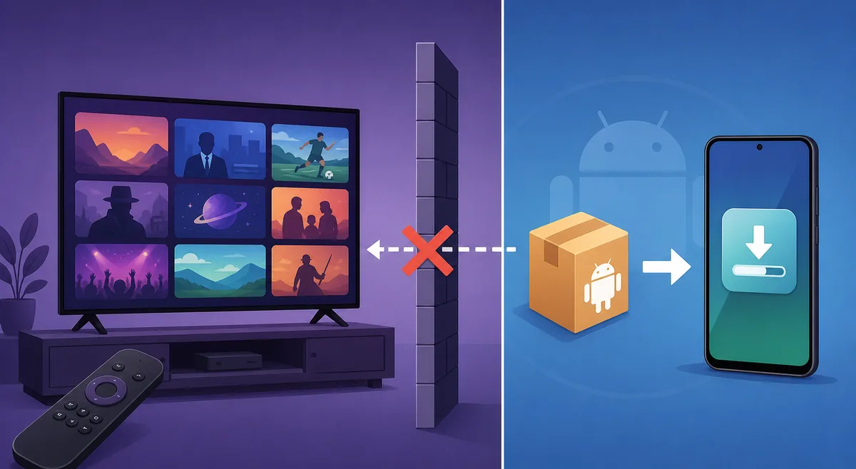 Editorial comparison showing that Android APK packages do not cross into the Roku television platform