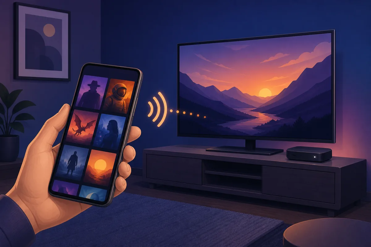 Illustration of a phone casting movie discovery content to a Roku-connected television